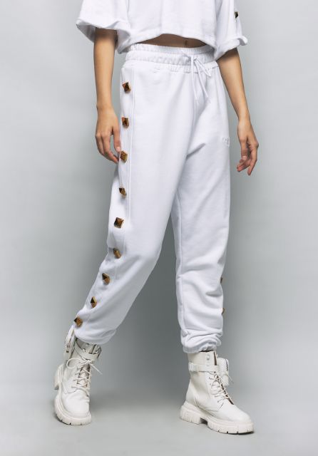 Pantalone In Felpa Con Borchie E Ricamo Logo Bianco