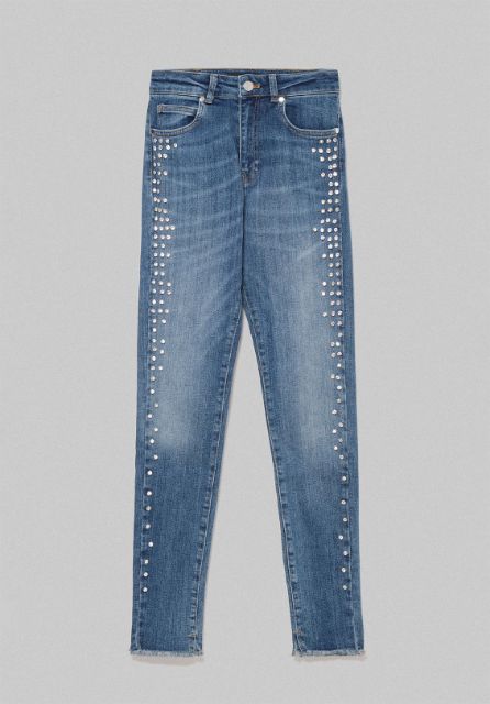 Jeans Mandy Con Cabochon Laterali A Sfumare Blu Chiaro