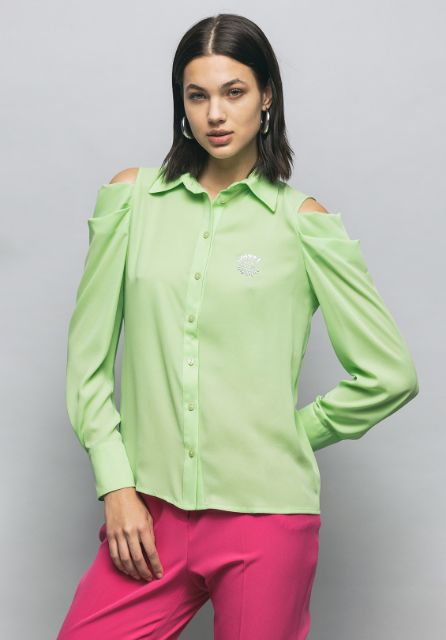Camicia In Crepe Con Logo Strass Crystal Verde Mela