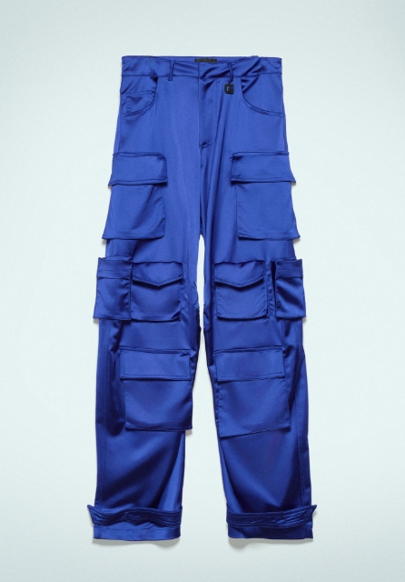 Pantalone Con Tasconi In Satin Blu