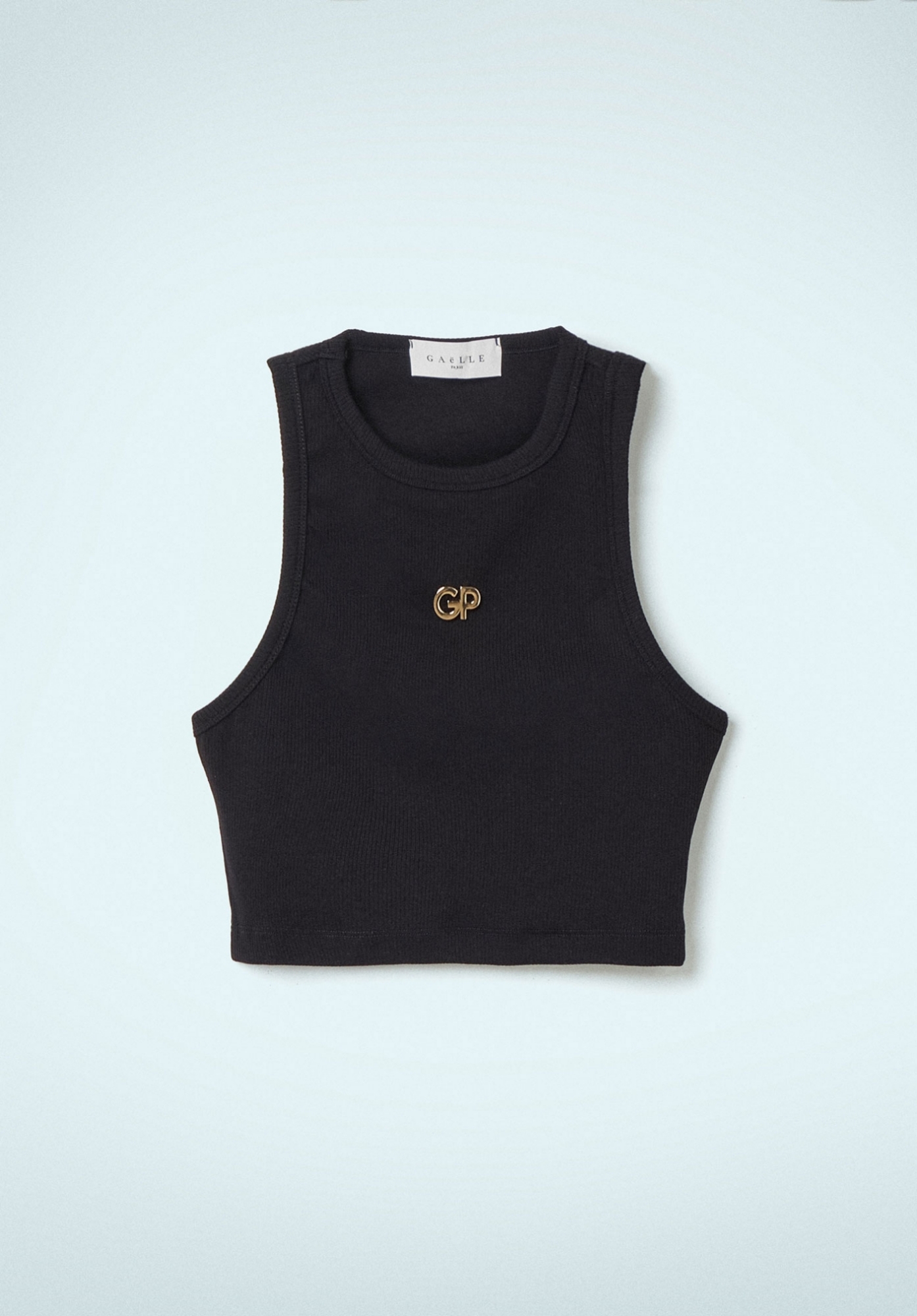 CROP TOP PARICOLLO GIROMANICA IN COSTINA CON PLACCHETTA ORO