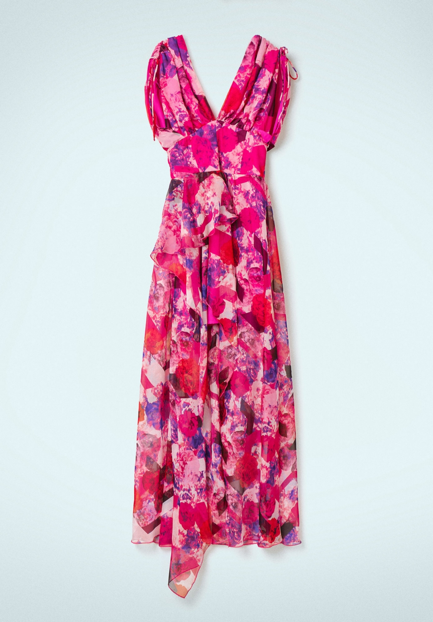ABITO LUNGO IN CHIFFON CON COULISSE SU SPALLE E SPACCO CON VOLANT