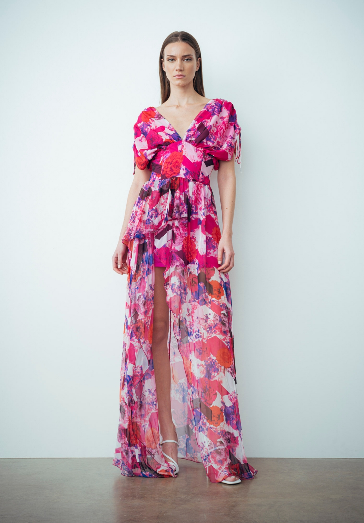 Abito Lungo In Chiffon Multicolor Fuxia