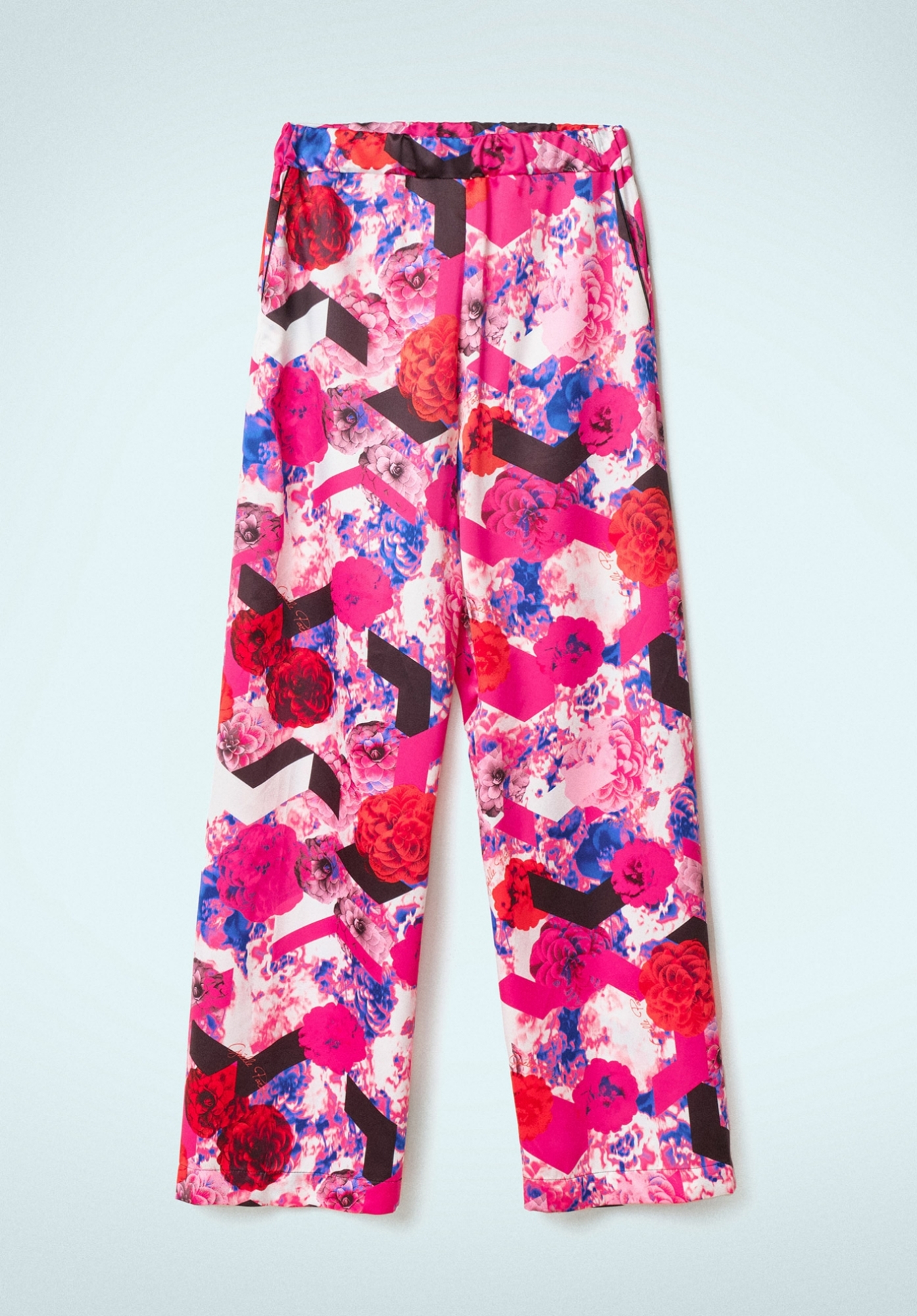 Pantalone Dritto In Raso Multicolor Fuxia