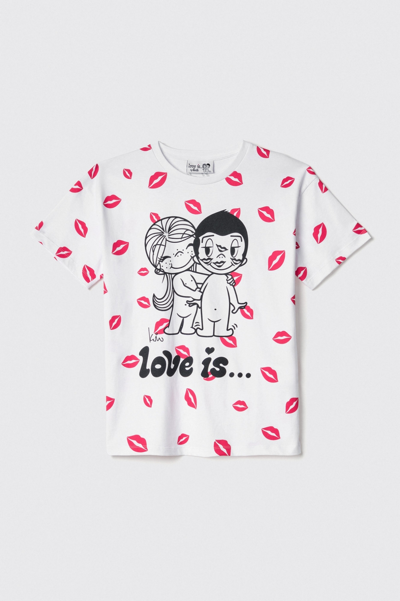 T-shirt in jersey paricollo con stampa allover • Bianco