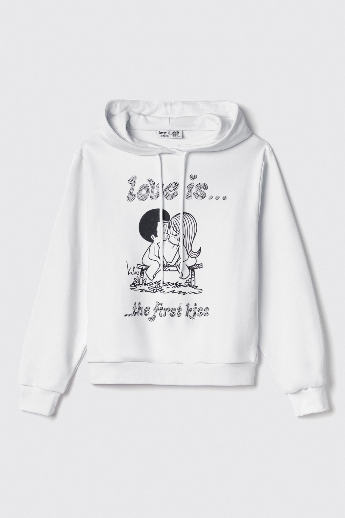 Felpa cappuccio manica lunga con logo stampa e strass • Bianco