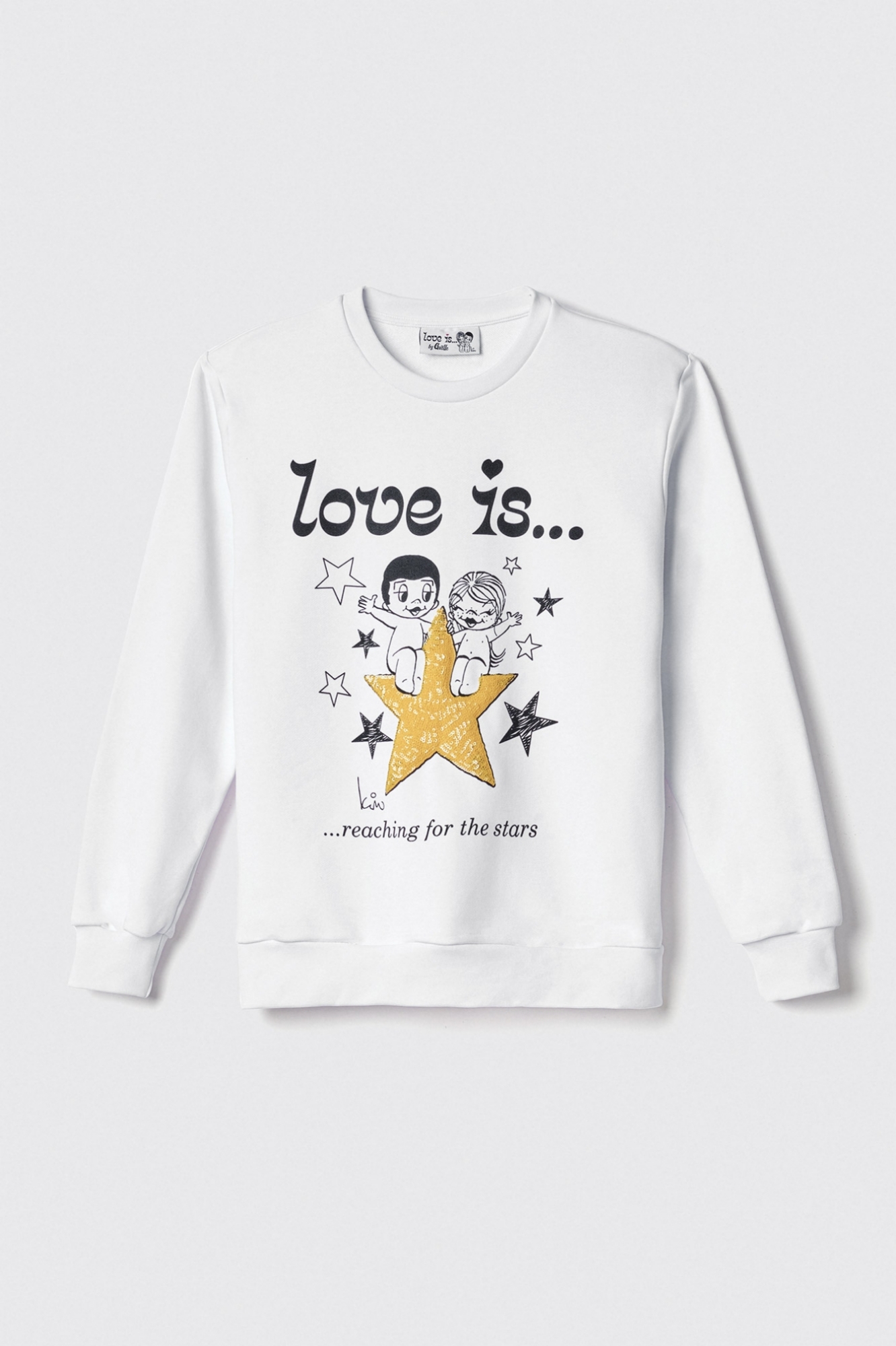Felpa paricollo manica lunga con stampa e paillettes • Bianco