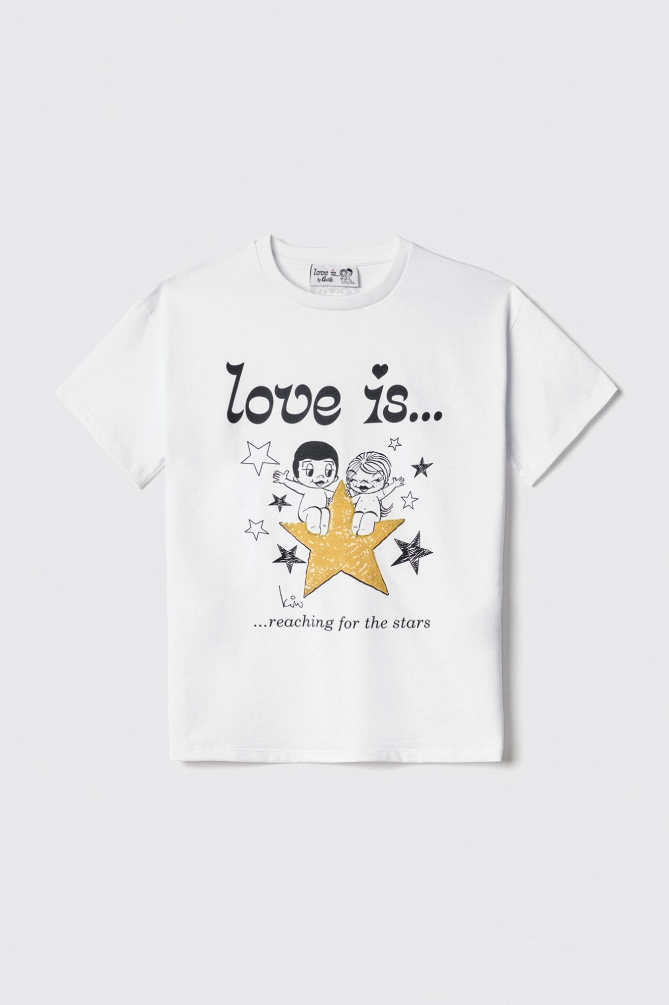T-shirt in jersey paricollo con stampa e paillettes • Bianco