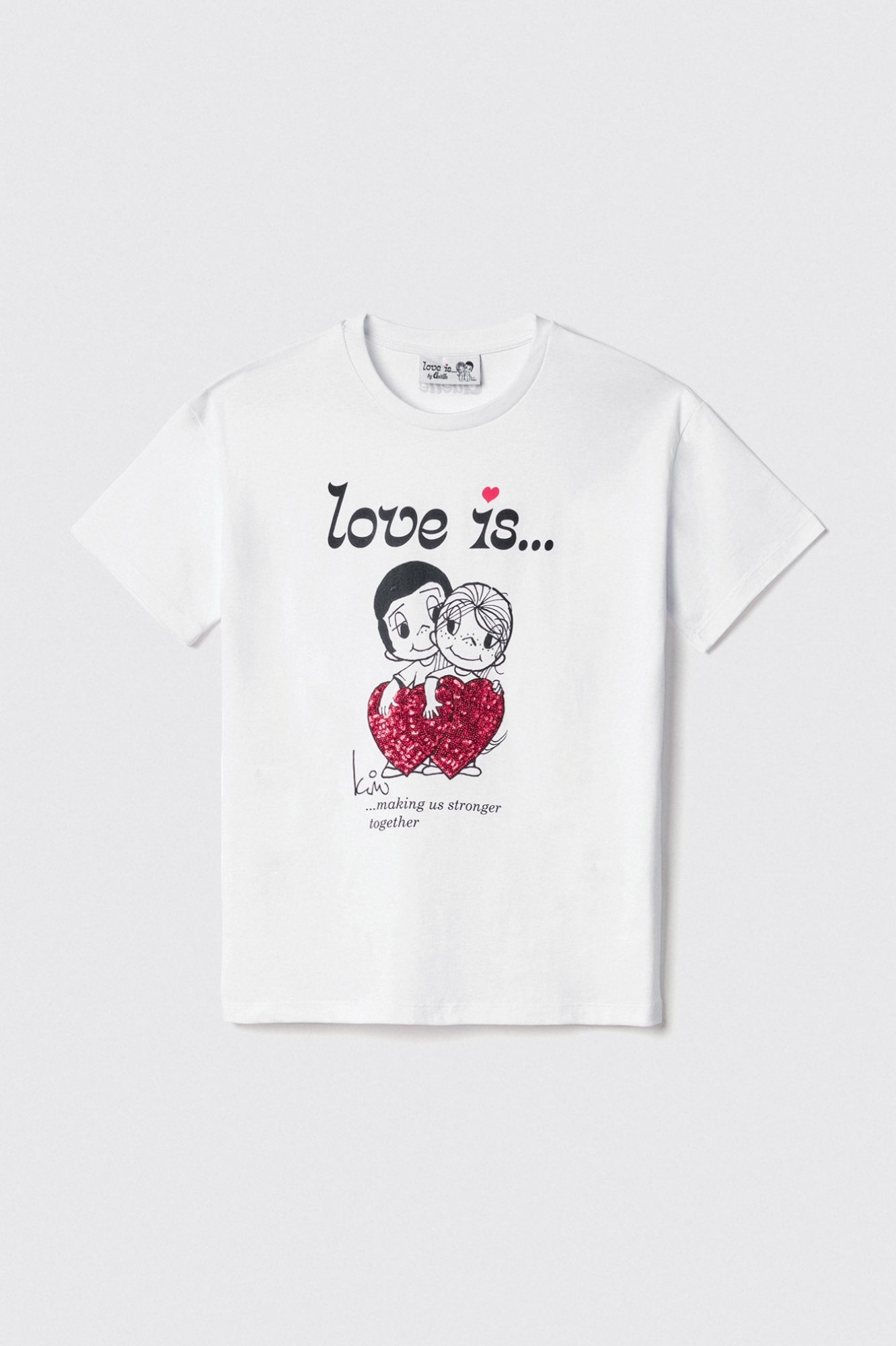T-shirt in jersey paricollo con stampa e paillettes • Bianco