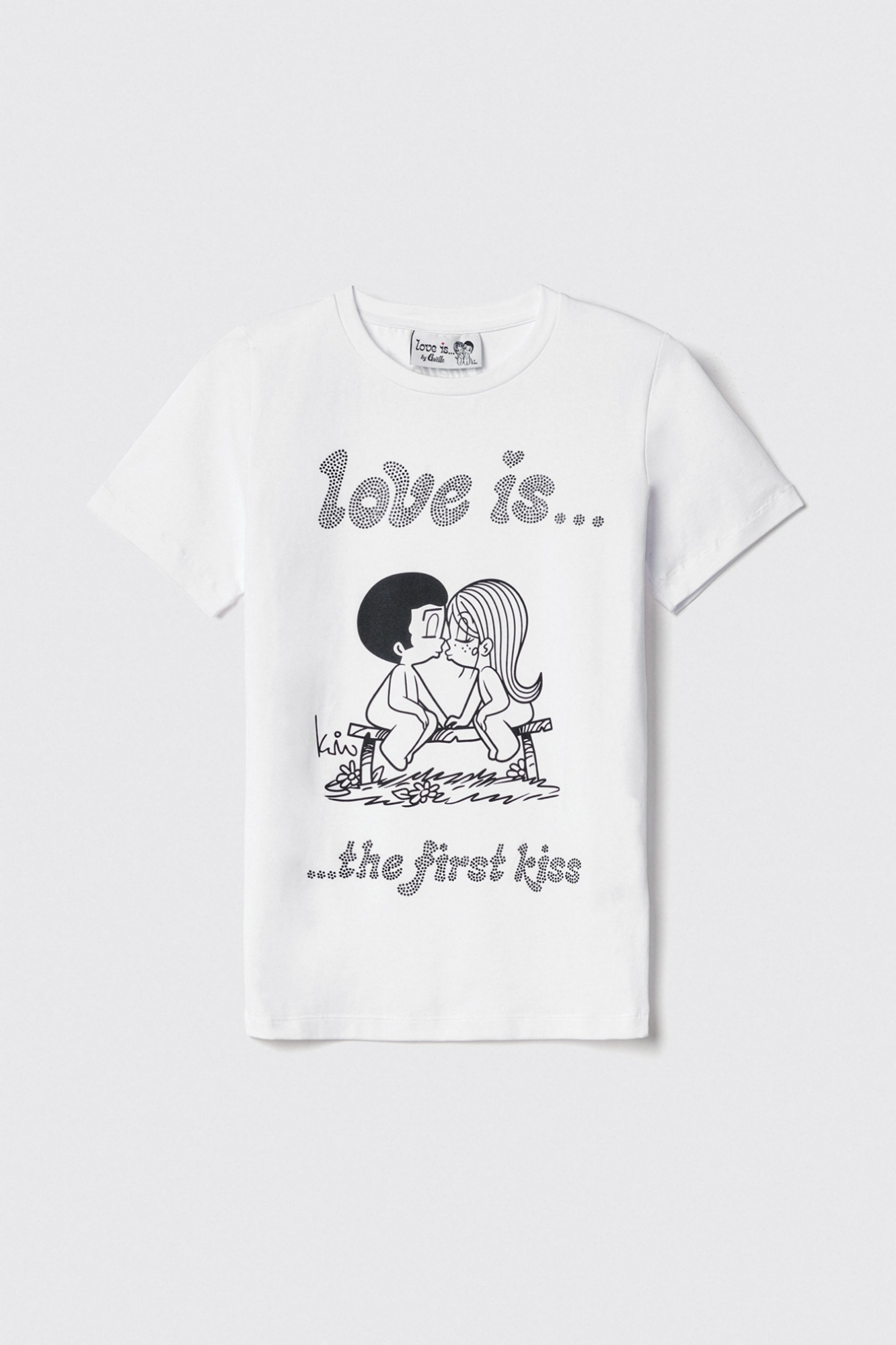 T-shirt in bielastico paricollo con logo stampa e strass • Bianco