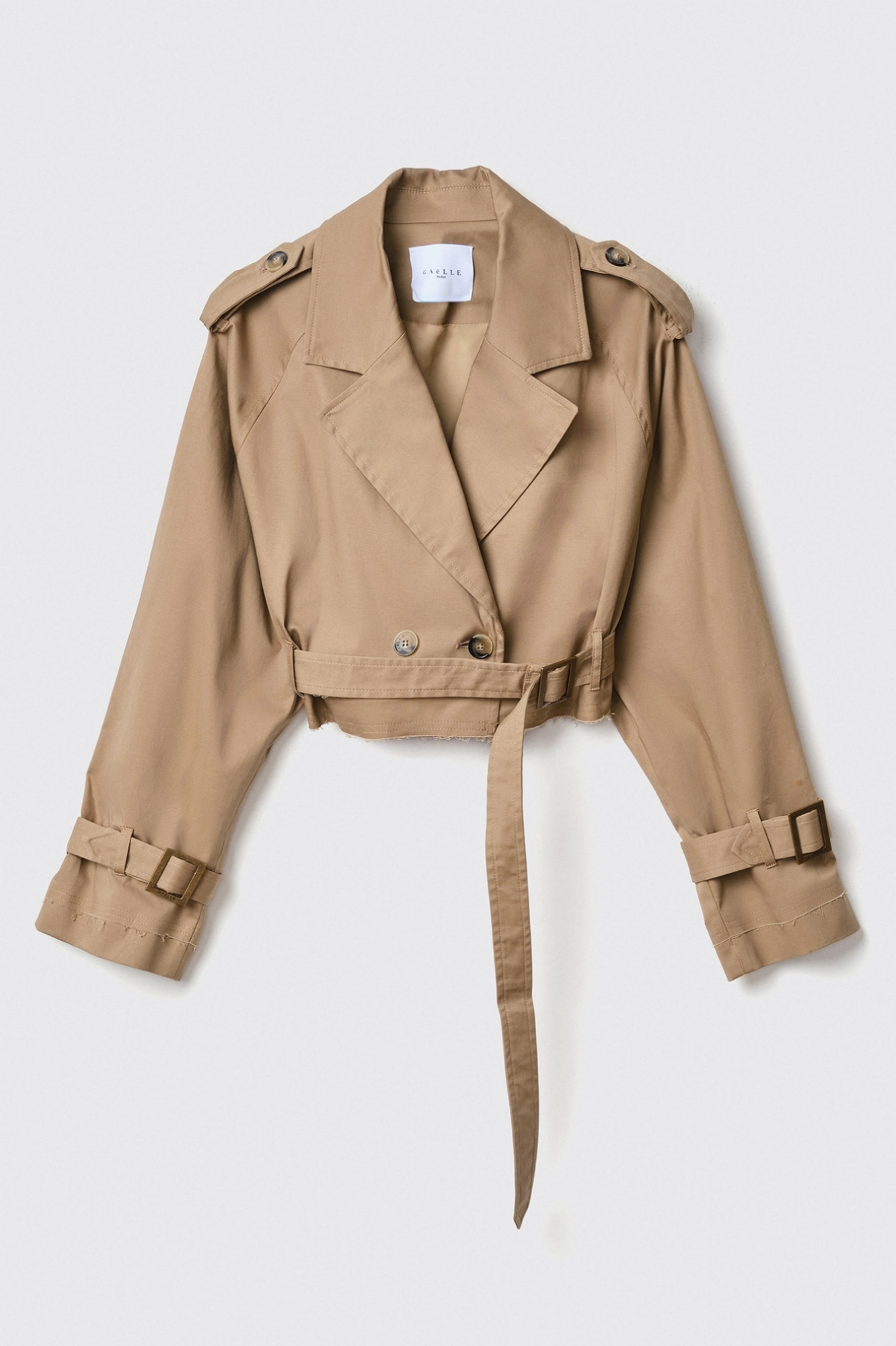 Short oversized double-breasted gabardine trench coat
