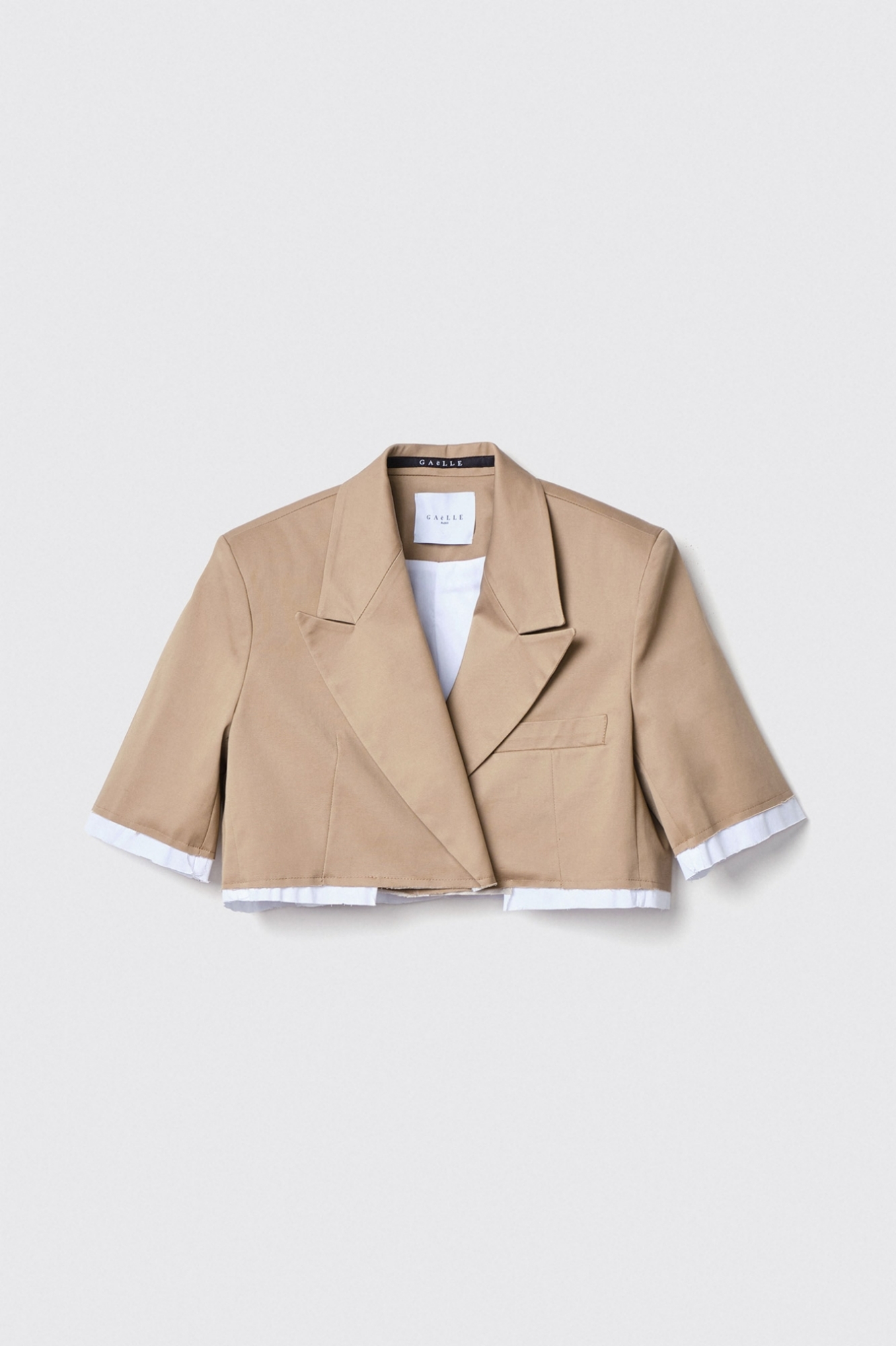Giacca cropped mezza manica con fodera scucita in gabardina • Safari