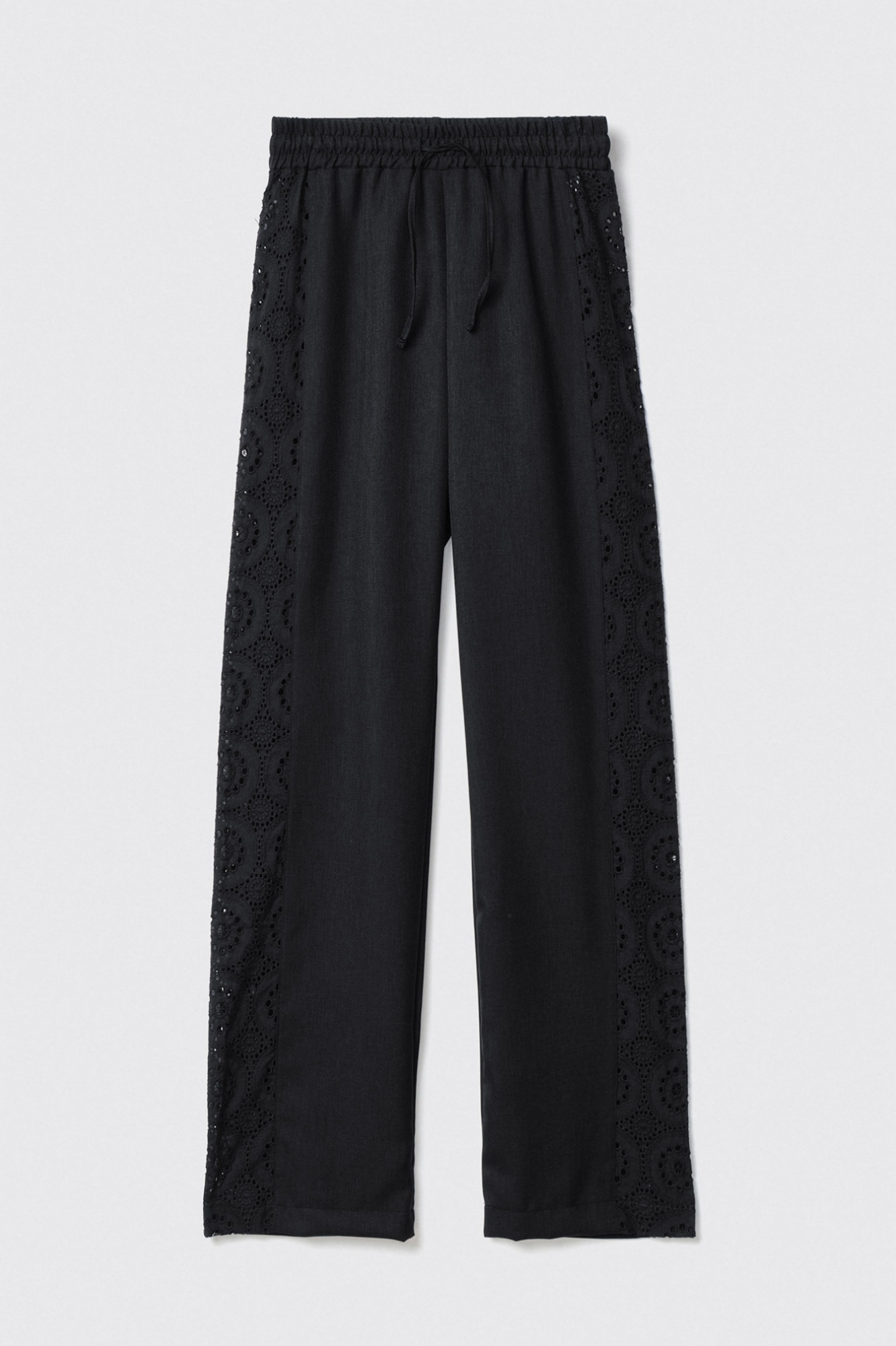 Pantalone in twill dritto con inserti in pizzo san gallo • Nero