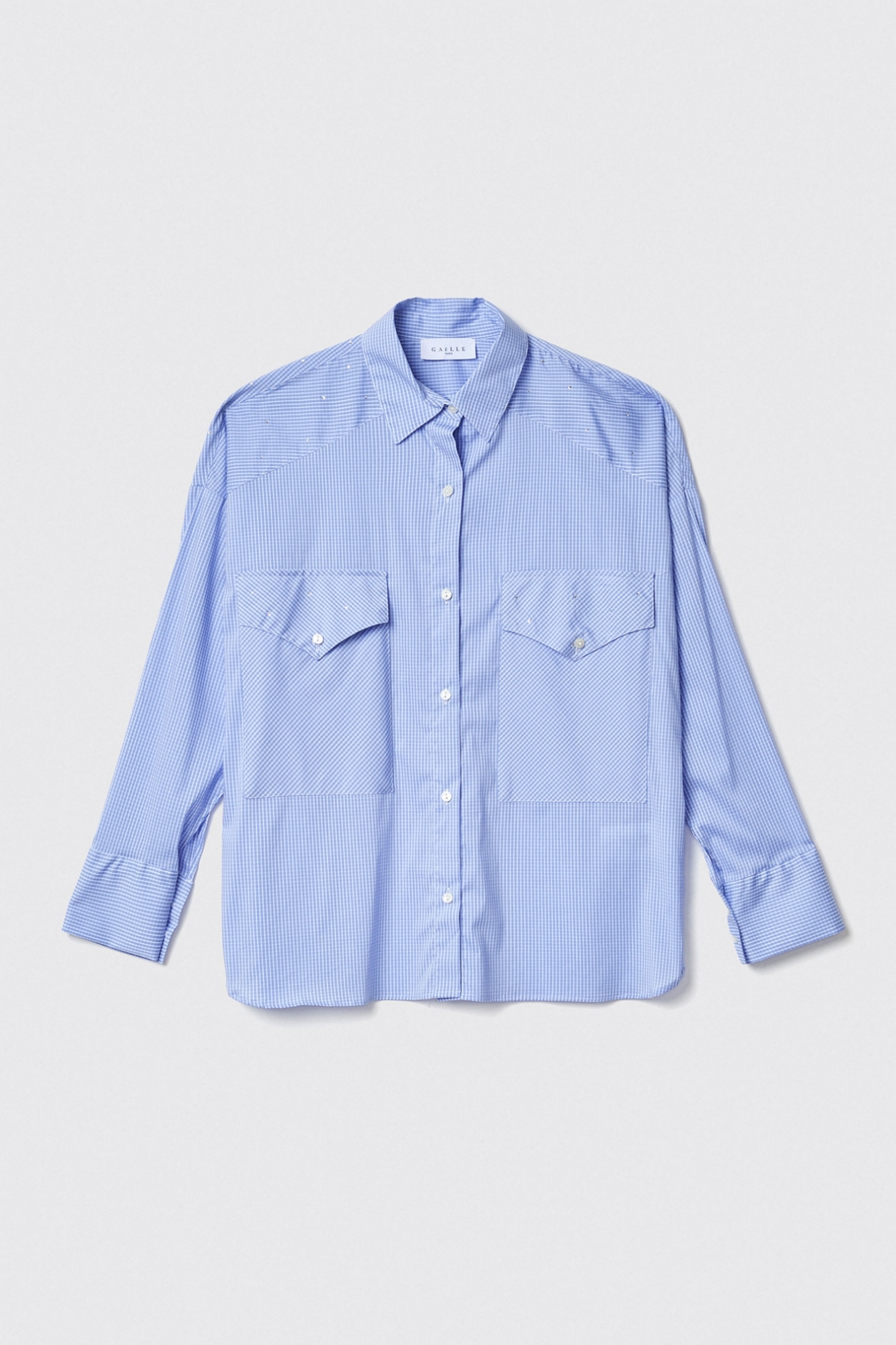 Camicia over con tasche in popeline vichy strass • Azzurro