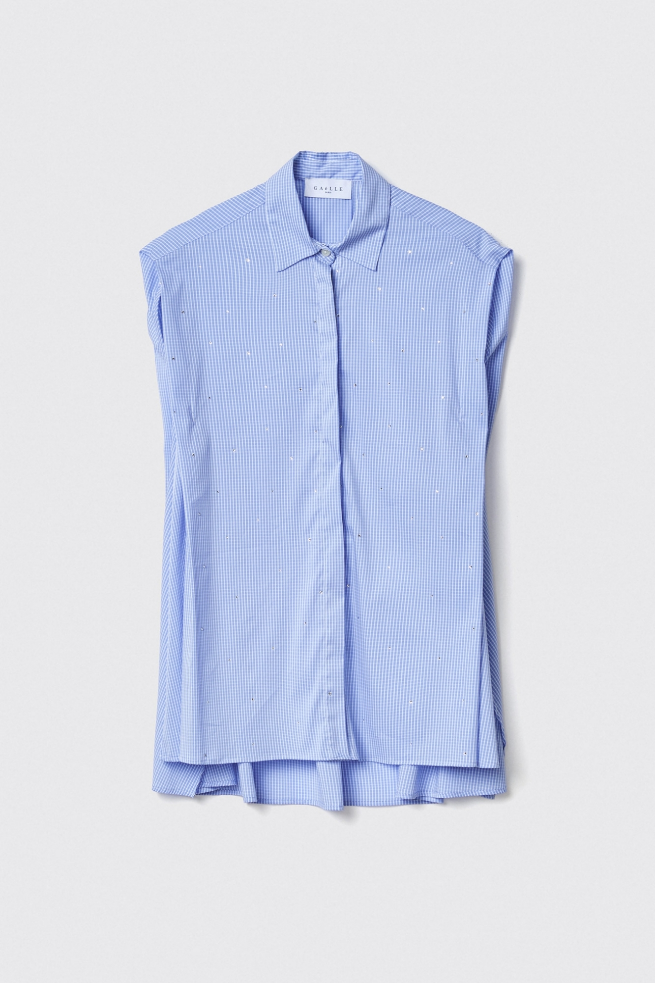 Camicia smanicata con retro sgodato in popeline vichy • Azzurro