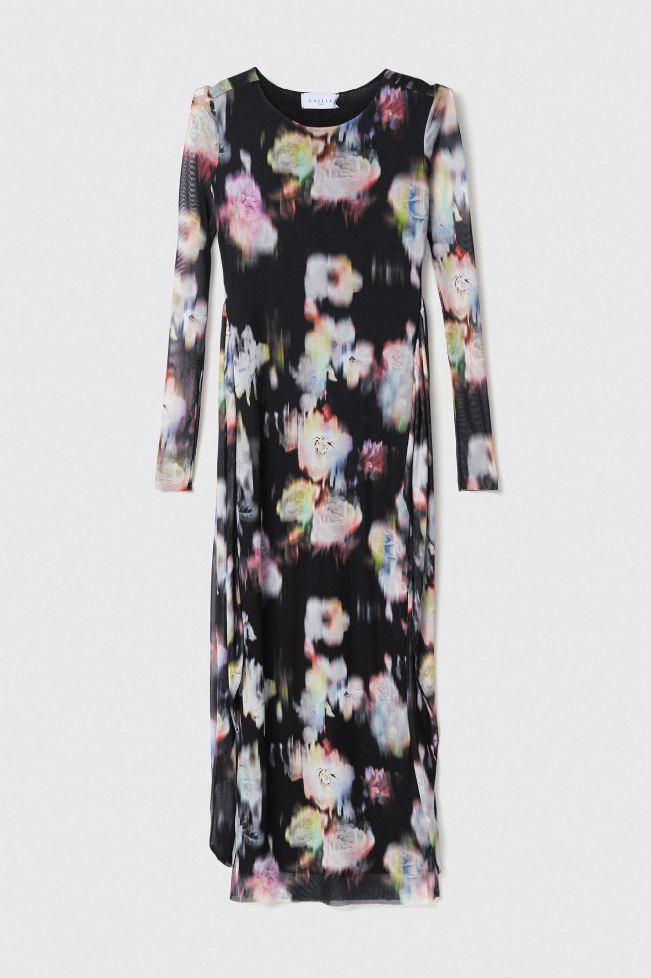 Abito longuette a manica lunga in tulle stretch • Nero
