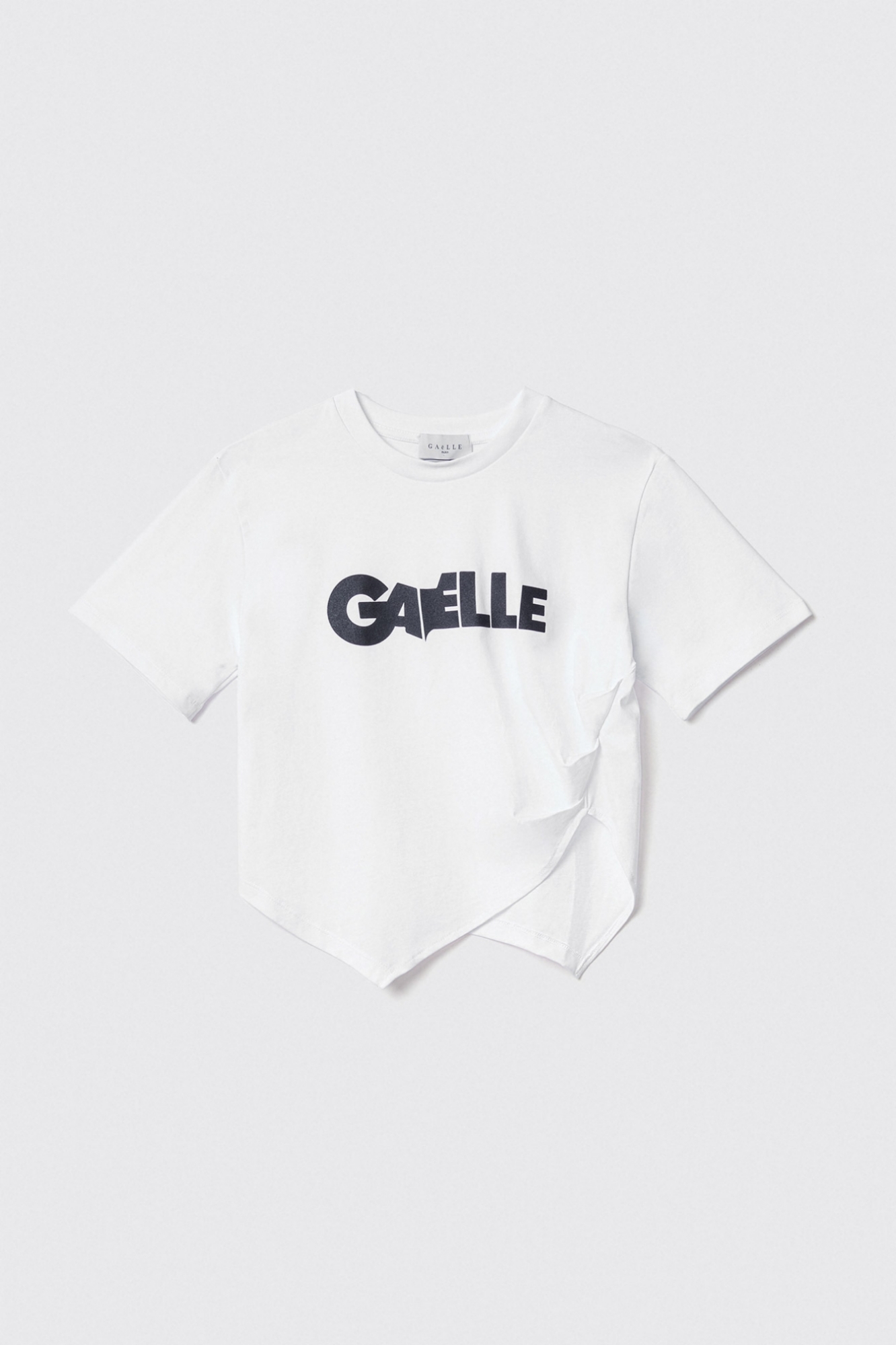 T shirt in jersey assimetrica paricollo con dettaglio pieghe e stampa • Bianco