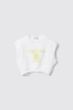 Felpa crop paricollo smanicata con dettaglio raglan e stampa • Bianco