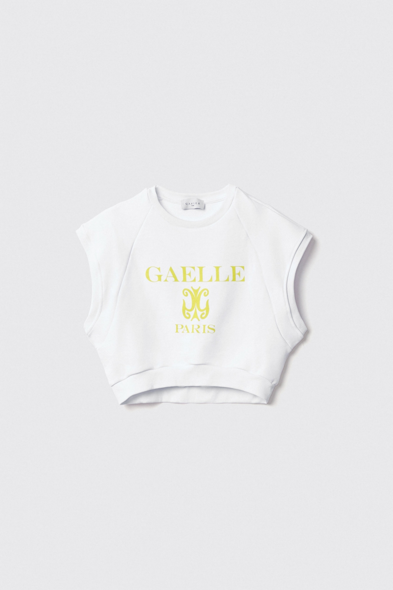 Felpa crop paricollo smanicata con dettaglio raglan e stampa • Bianco