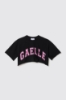 T shirt crop in jersey paricollo dettaglio taglio con stampa • Nero