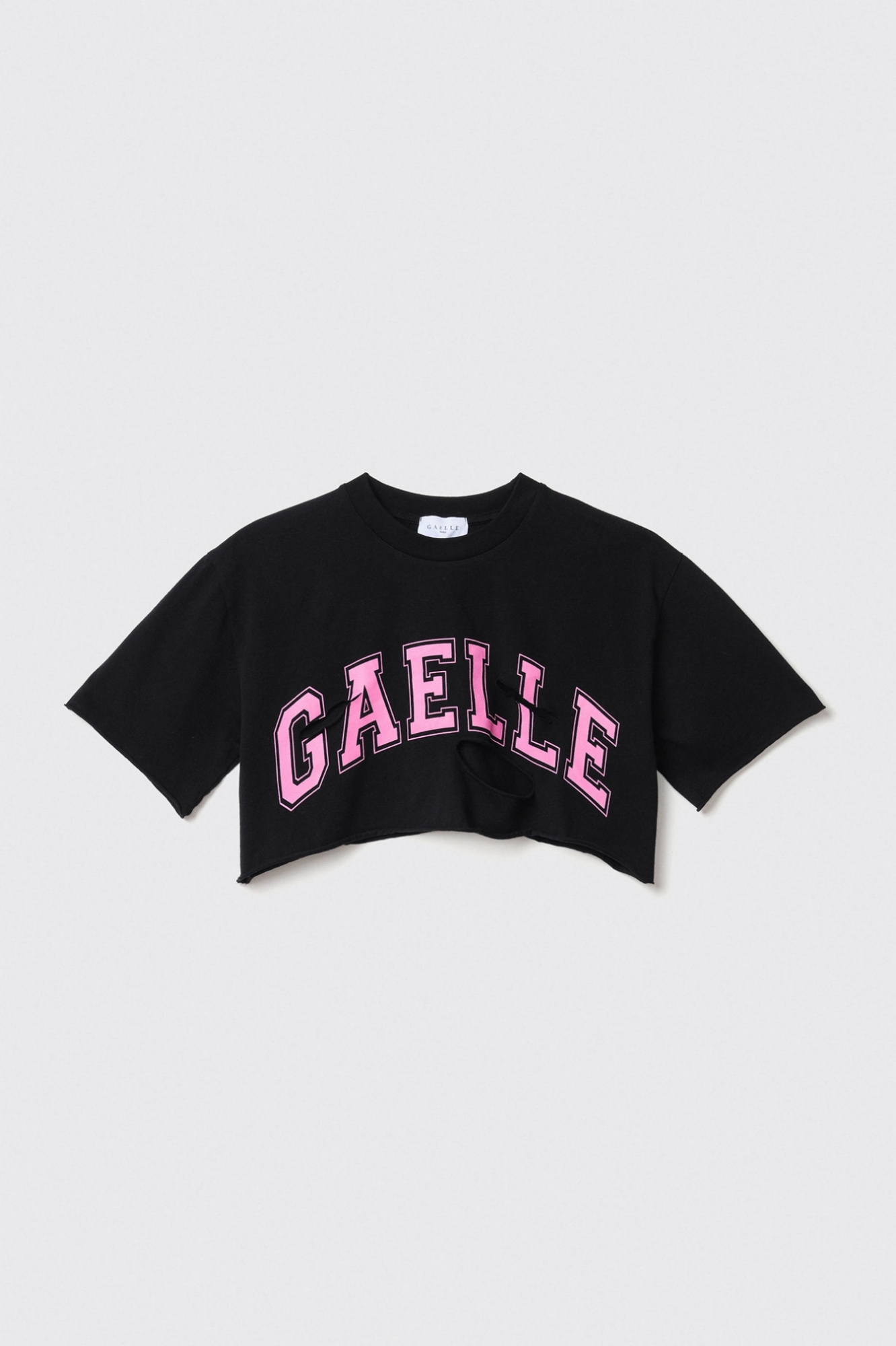 T shirt crop in jersey paricollo dettaglio taglio con stampa • Nero