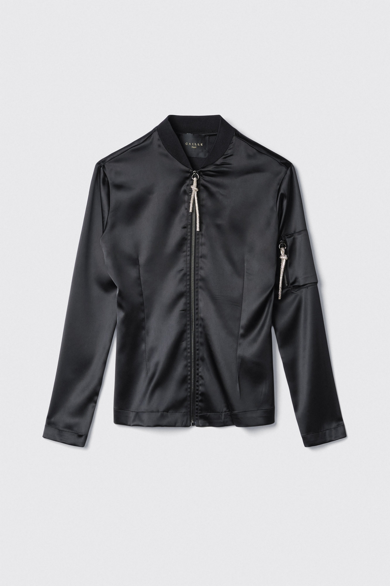Felpa zip attillata con tasca su braccio con dettaglio tira zip • Nero