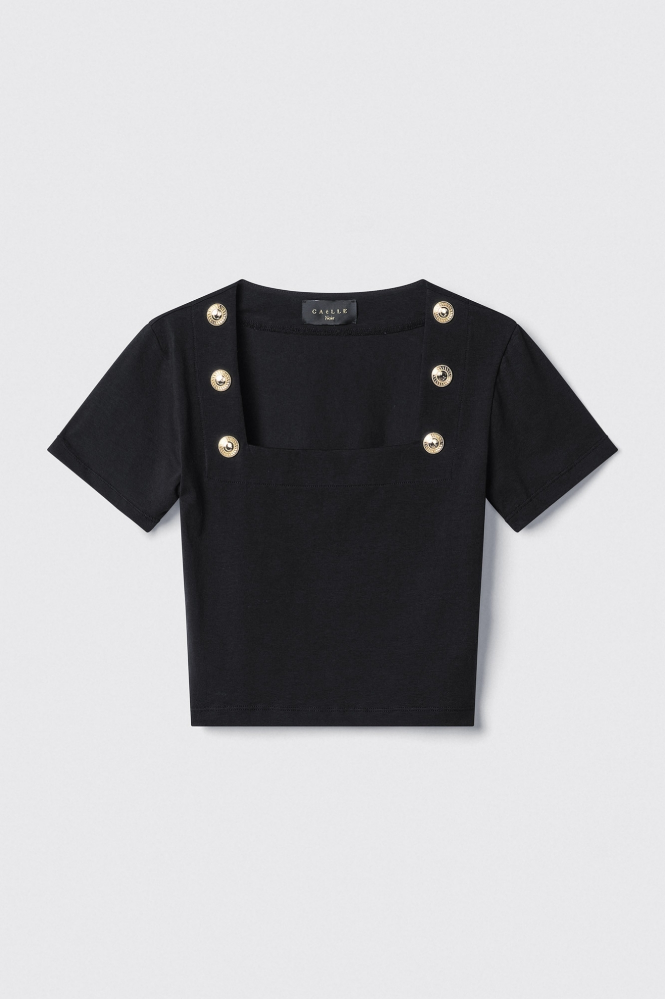 T-shirt crop con dettaglio scollo quadrato con bottoni oro logati • Nero