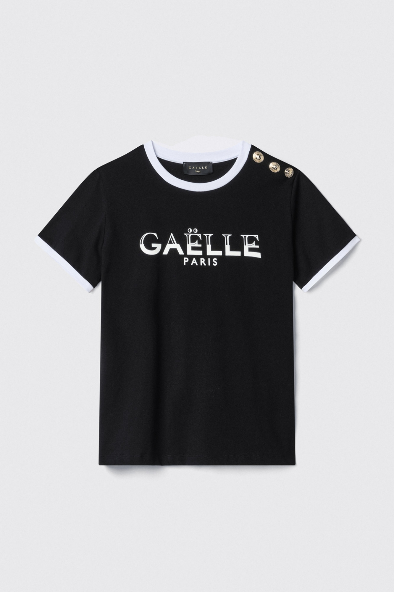 T-shirt paricollo con stampa logo e bottoni logati oro • Nero