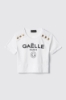T-shirt crop paricollo in bielastico con stampa e bottoni oro logati • Bianco