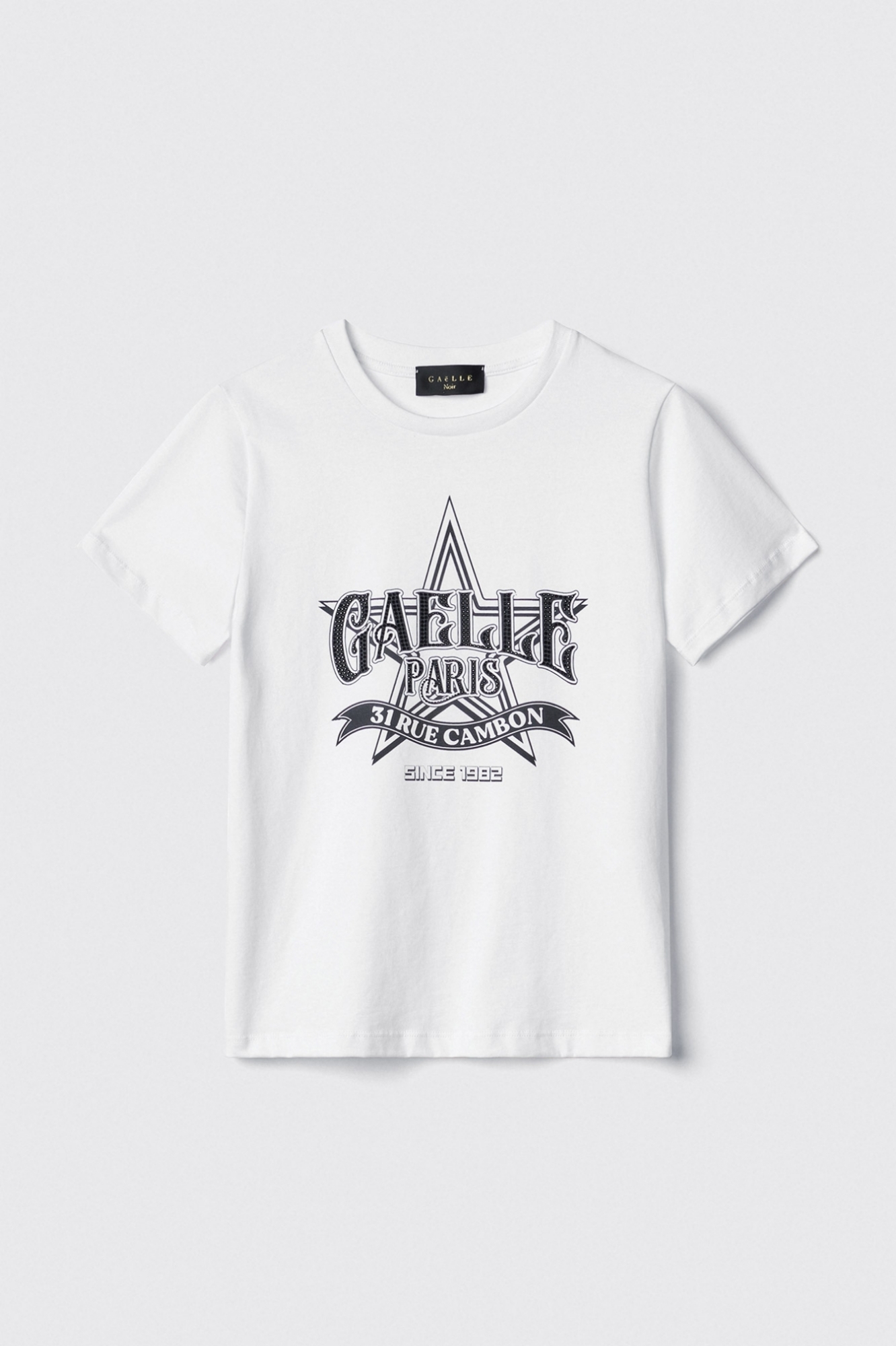 T-shirt paricollo con stampa logo e applicazione strass neri • Bianco