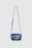Mini camera bag denim plisse' con logo ricamato • Denim dark blue
