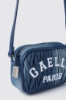 Mini camera bag denim plisse' con logo ricamato • Denim dark blue
