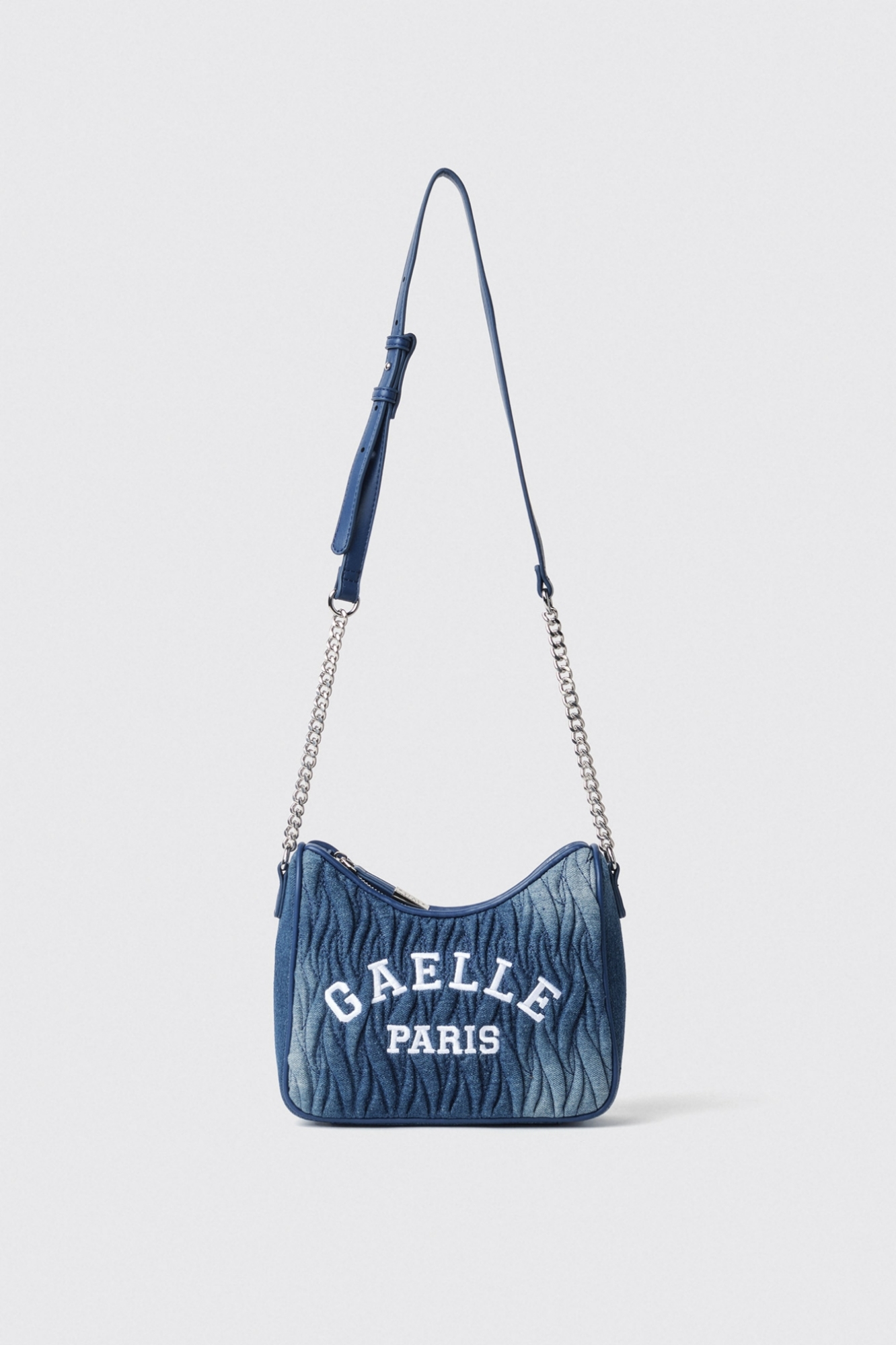 Reg. moon bag denim plisse' con logo ricamato • Denim dark blue