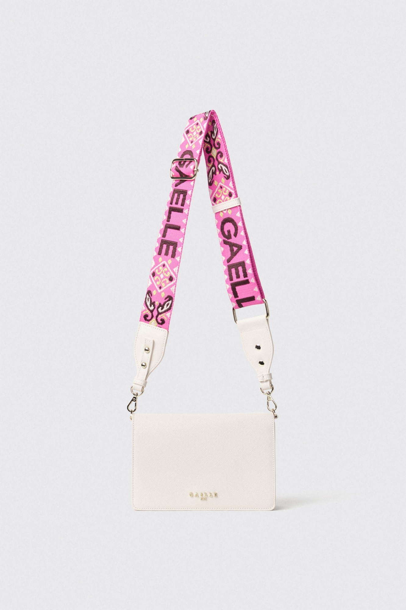 Mini shoulder strap con logo in metallo e tracolla jacquard • Bianco