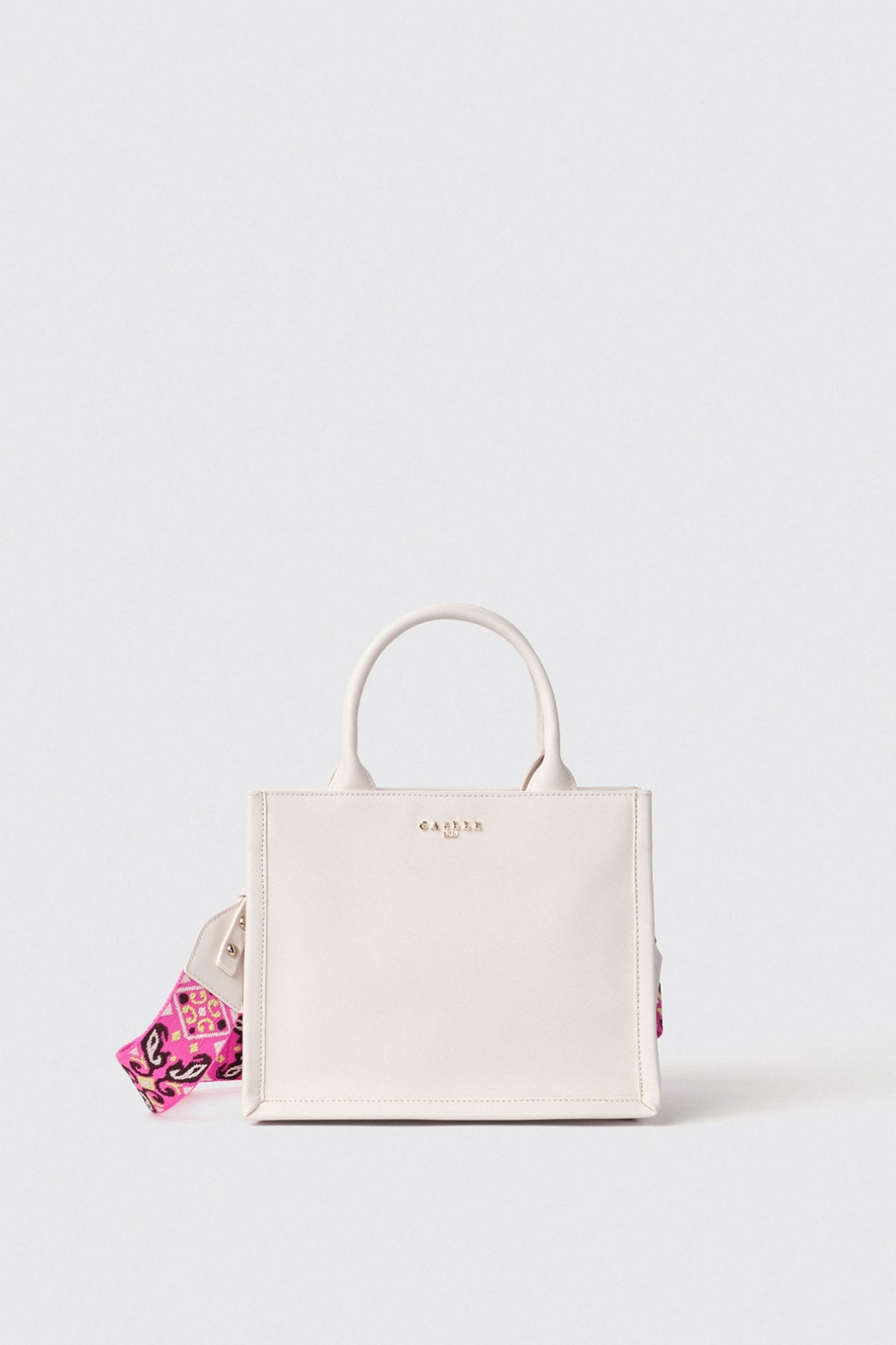 Mini shopper con logo in metallo e tracolla jacquard • Bianco