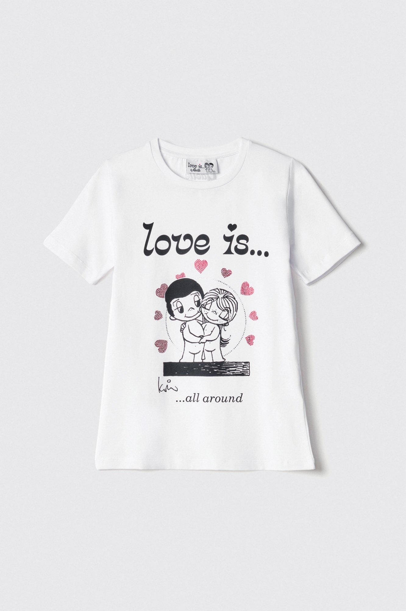 T-shirt in bielastico paricollo con stampa e strass • Bianco