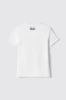 T-shirt in bielastico paricollo con stampa e strass • Bianco