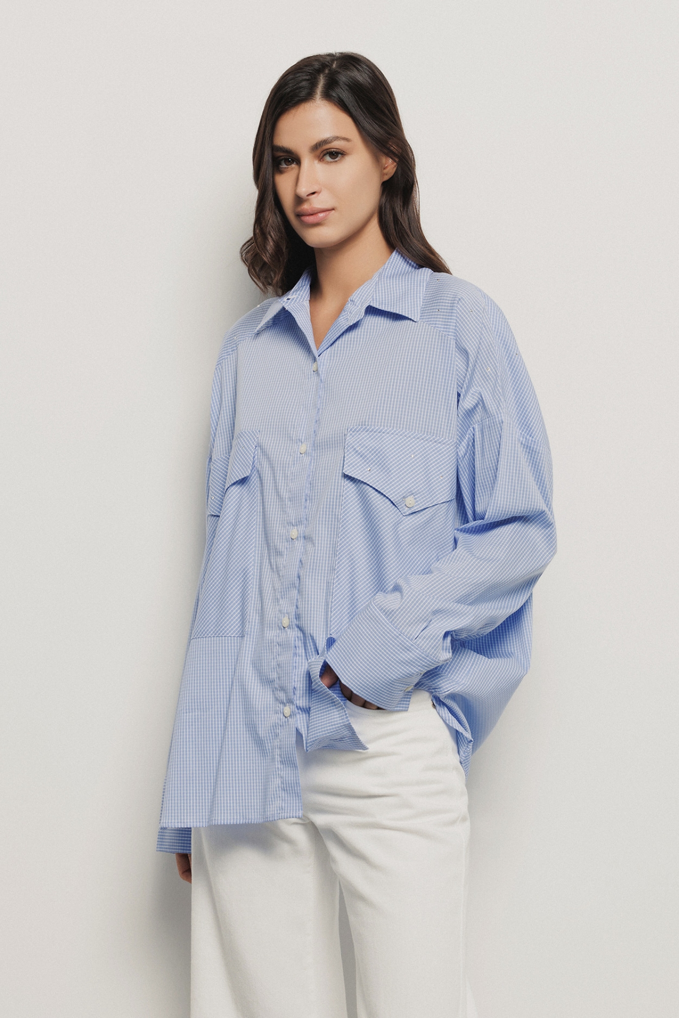 Camicia over con tasche in popeline vichy strass • Azzurro