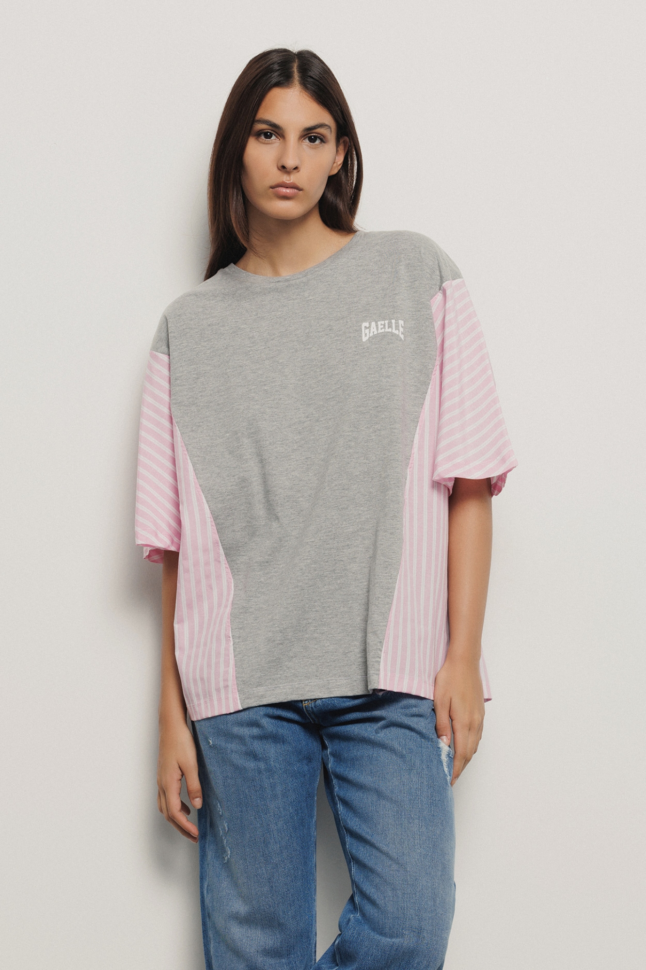 T shirt jersey paricollo con inserti in popeline • Grigio melange