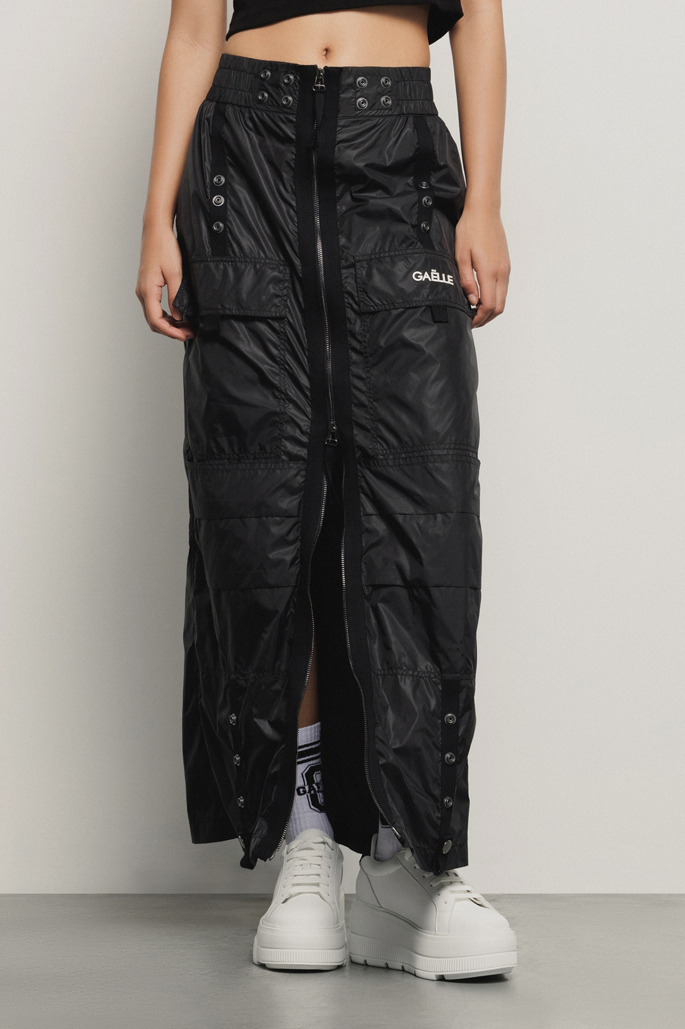 Gonna lunga in nylon zippata con stampa • Nero
