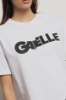 T shirt in jersey assimetrica paricollo con dettaglio pieghe e stampa • Bianco