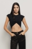 Top paricollo mezza manica con dettaglio incrociato sul davanti logo in strass crystal • Nero