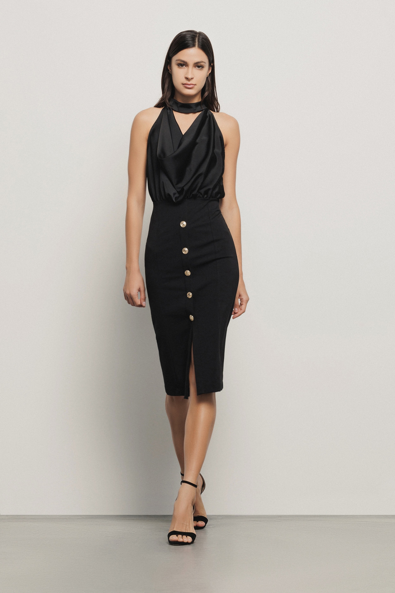 Abito midi all-in-one in raso e punto milano • Nero