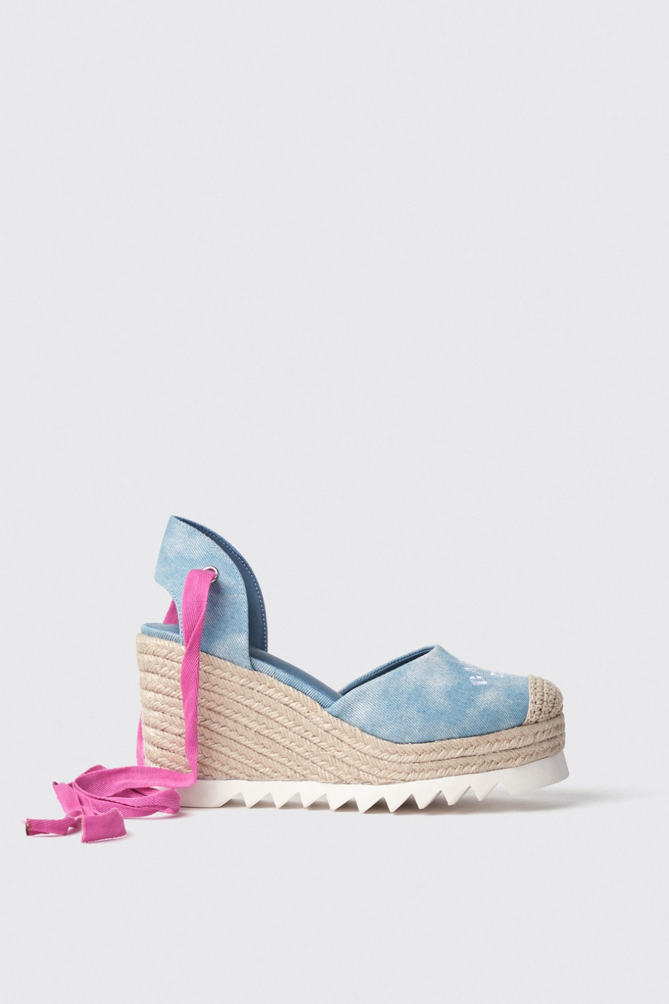 Espadrillas con zeppa 120 mm in tela denim con ricamo • Denim light blu