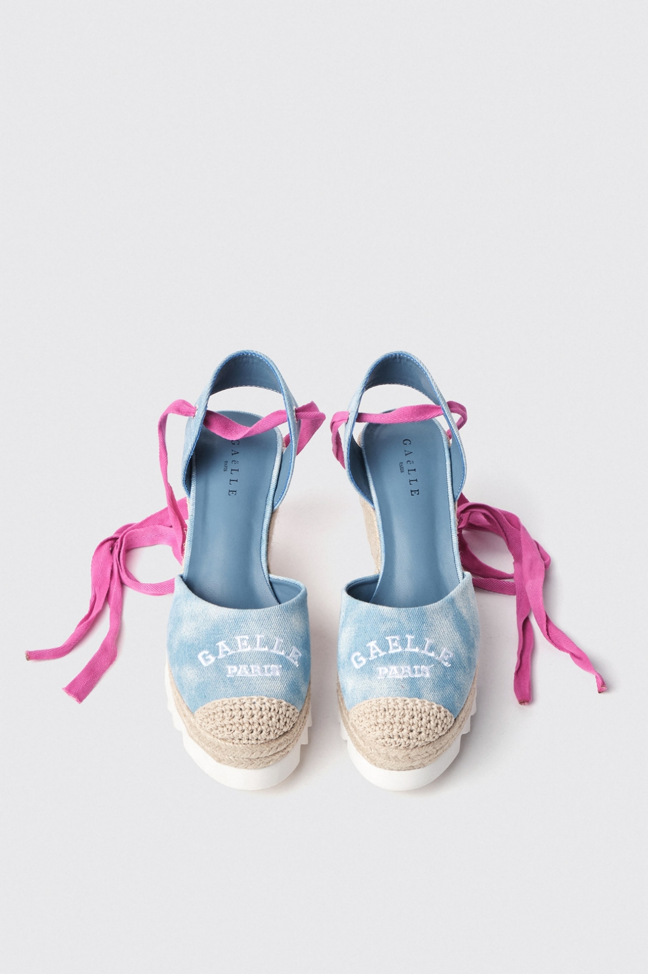 Espadrillas con zeppa 120 mm in tela denim con ricamo • Denim light blu