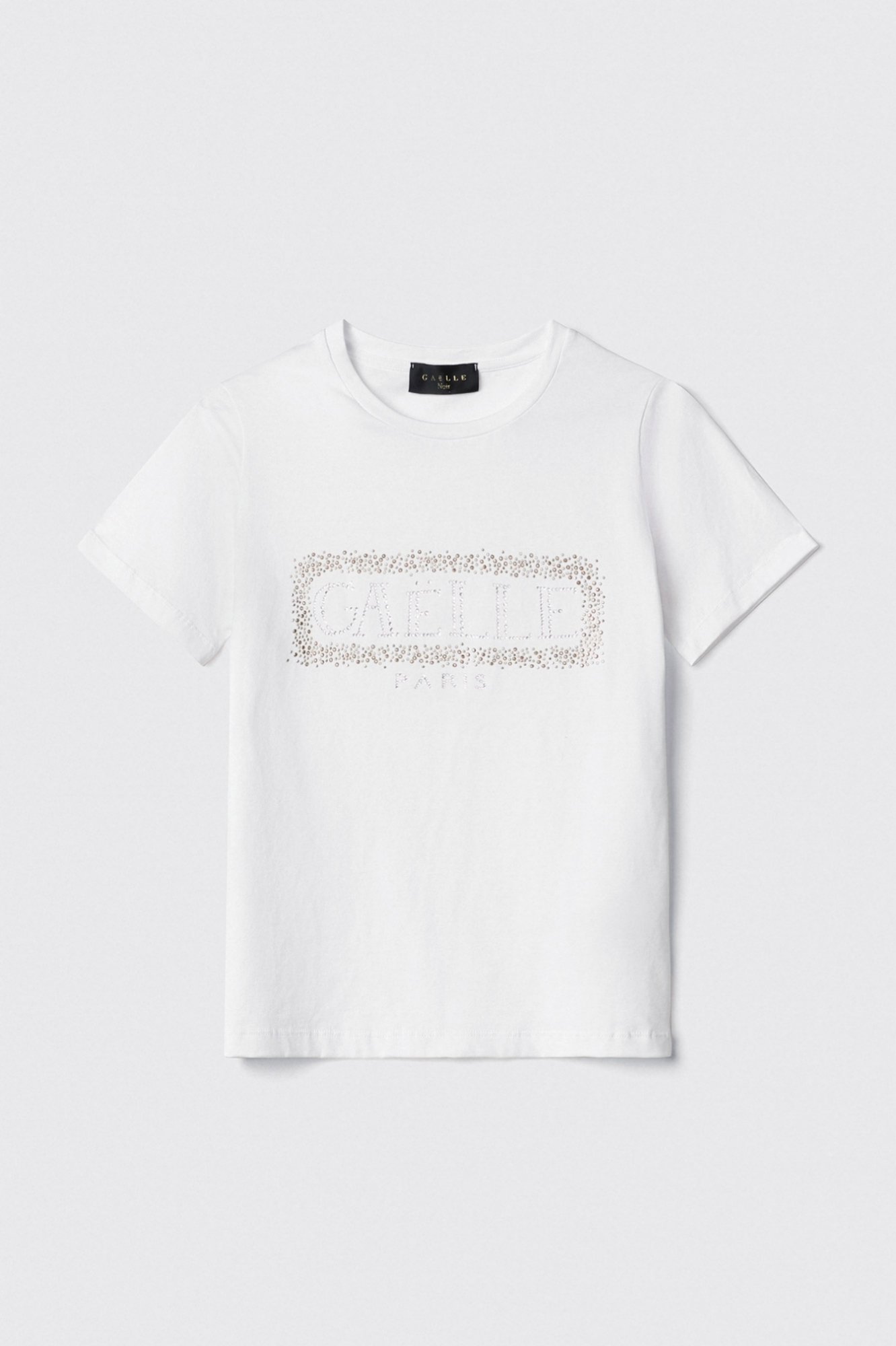 Immagine di T-shirt paricollo con logo in strass+borchie • Bianco