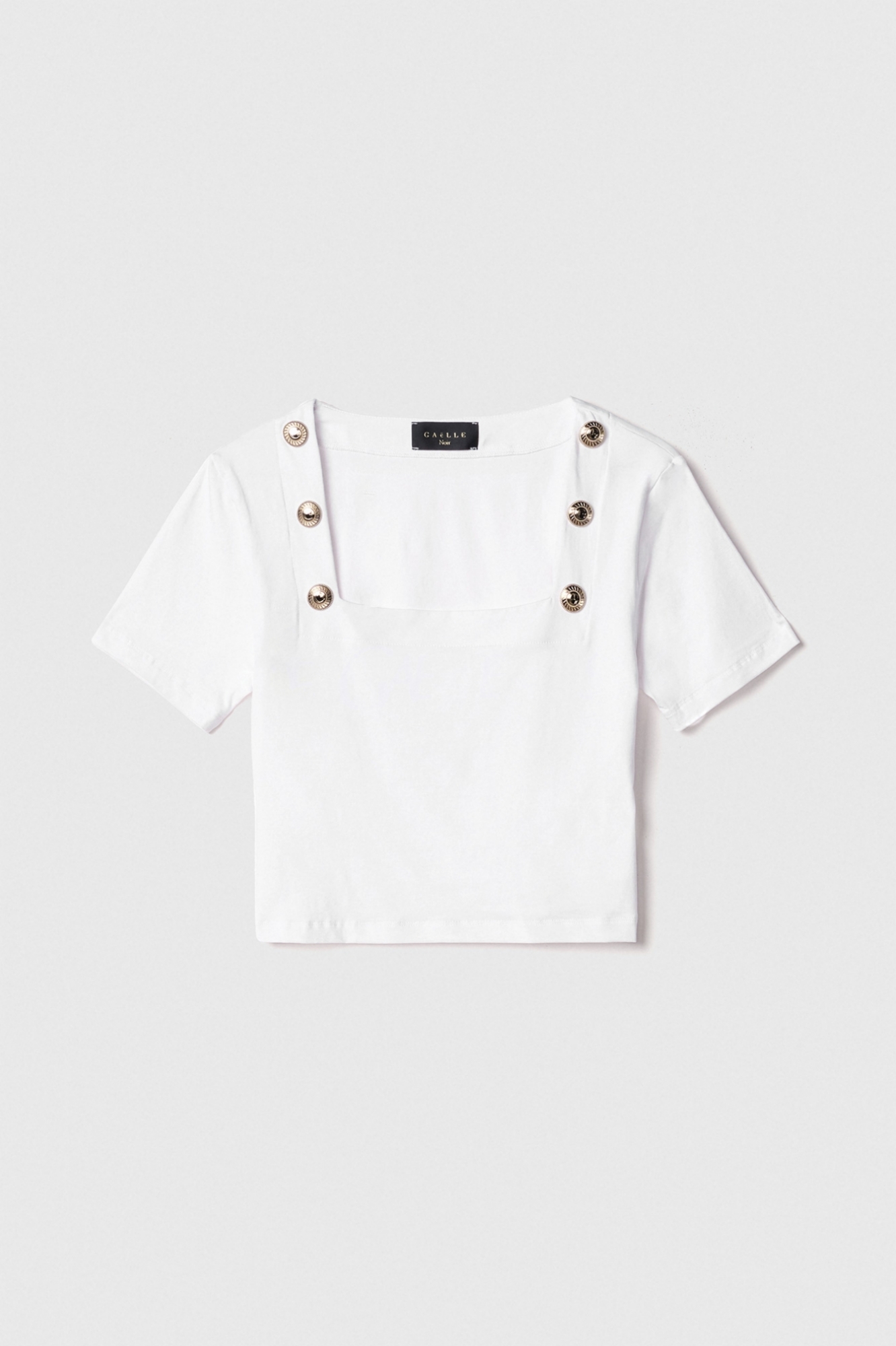 T-shirt crop con dettaglio scollo quadrato con bottoni oro logati • Bianco