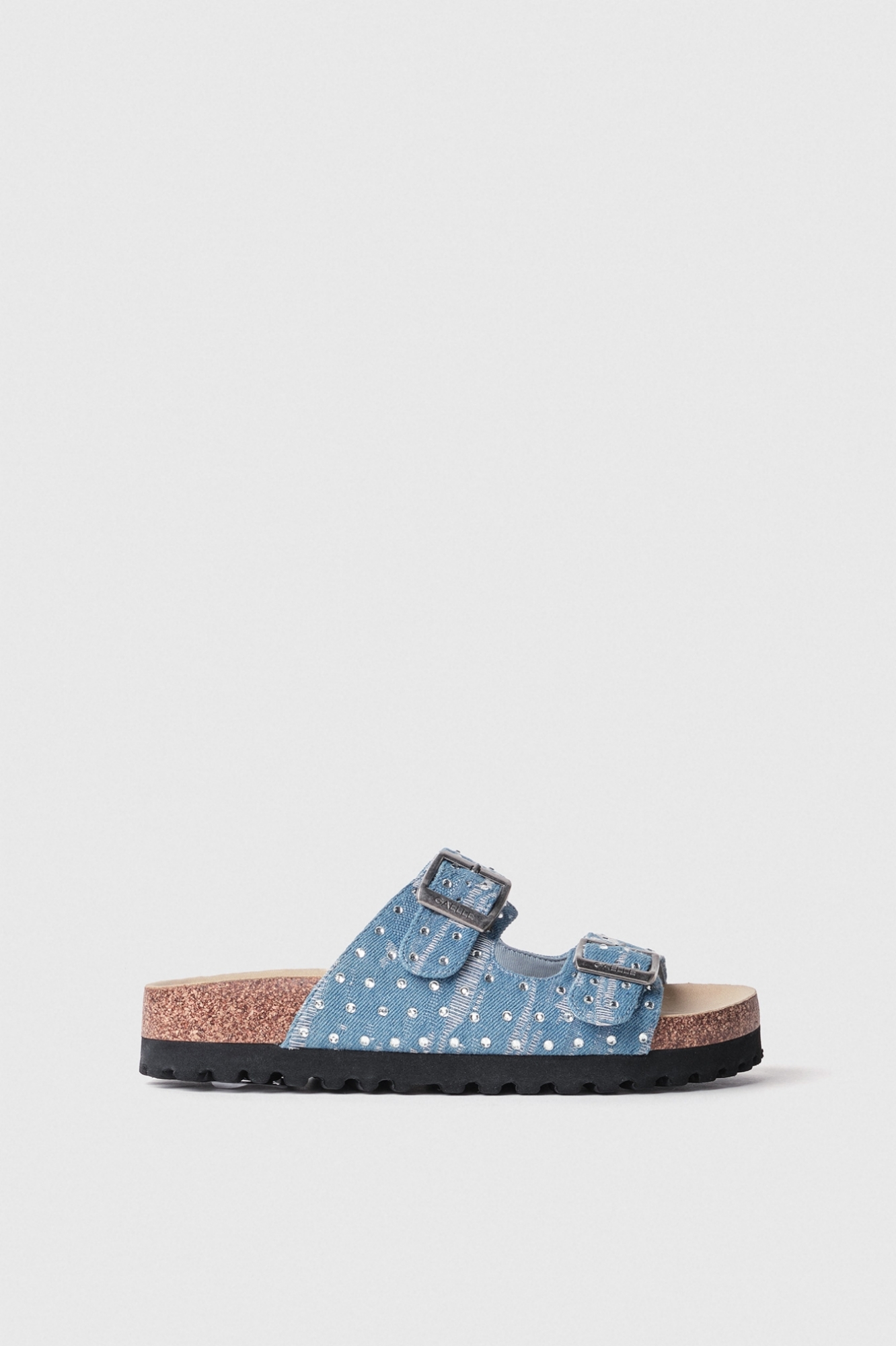 Sandalo aperto in denim due fasce con strass • Denim light blu