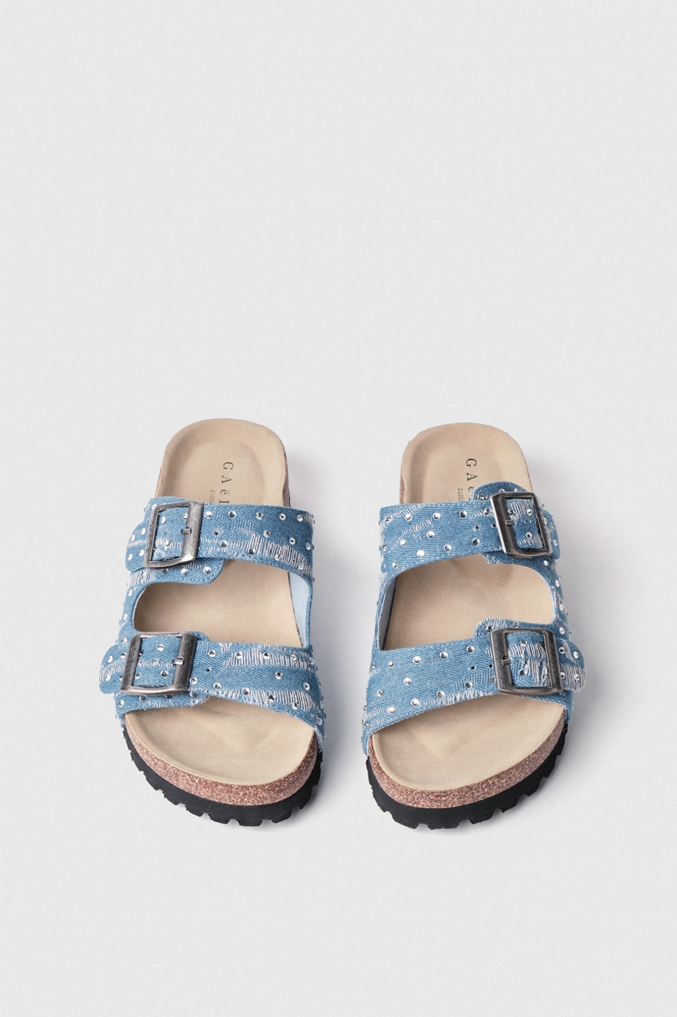 Sandalo aperto in denim due fasce con strass • Denim light blu