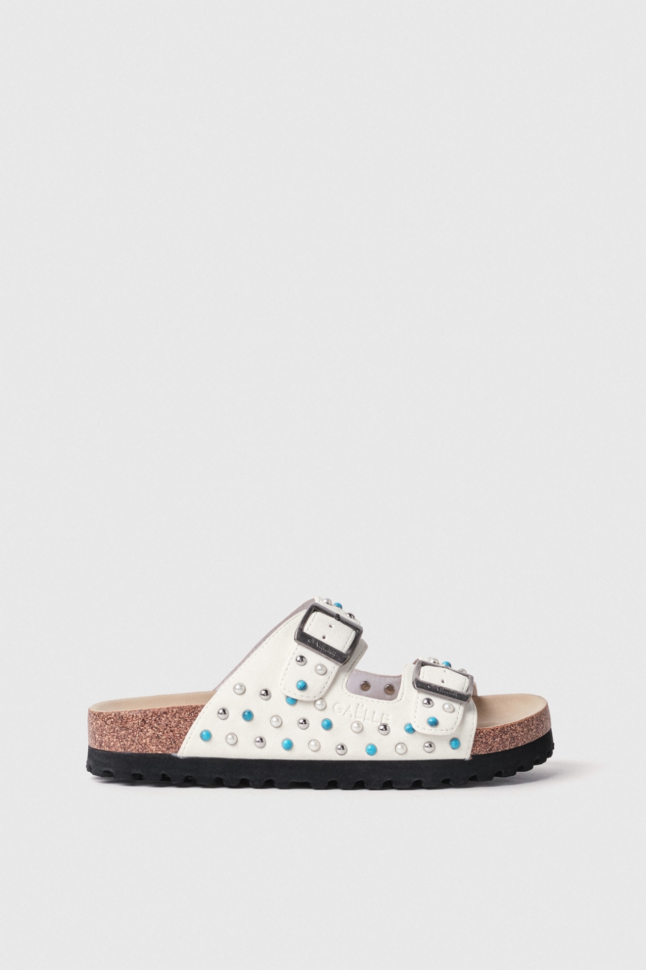 Sandalo 2 fasce con borchie e turchesi • Bianco